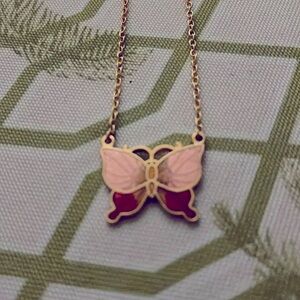 New old stock, pink, two-tone enamel butterfly necklace